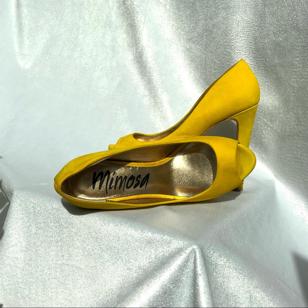 Mimosa Yellow Suede Peep Toe Heels - Picture 3 of 8